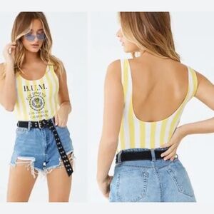 BUM Equipment Yellow Striped Leotard Bodysuit Size S 90s Y2K Tank Top 80s